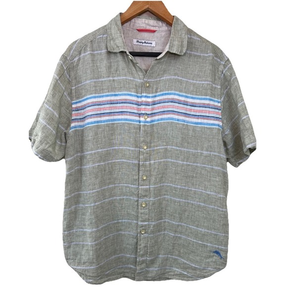 Tommy Bahama Linen Shirt Mens Medium Green Multi Stripe Short Sleeve Button‎ Up - Picture 1 of 14